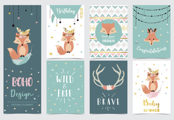 Cute kid background with dreamcatcher,feather,fox,star for birthday invitation