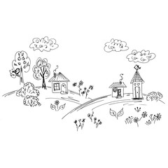 Fototapeta premium Sketch of countryside house surrounded by trees. Hand drawn vector illustration. Line art