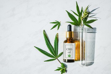 Glass bottle with cannabis oil with label and a test tube with hemp leaves on a marble background. Copy space.