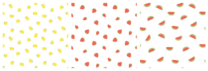 Kid's seamless pattern. Smiling lemon, strawberry, watermelon. Exotic fruit fashion print. Design elements for baby textile or clothes. Hand drawn doodle. Tropical wallpaper for children