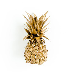Top view golden pineapple isolated on white background. Food concept. Template blog social media. Minimal style. flat lay