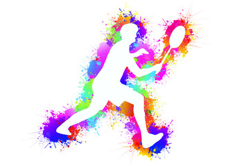 Fototapeta na wymiar Sports icon. Badminton logo design. Colorful paint drops ink splashes. Equipment, Exercise, Symbol, Silhouette, Background. Vector illustration.