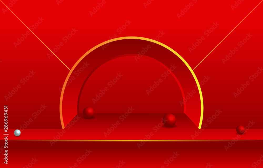 Poster abstract podium in red empty room with various round object background