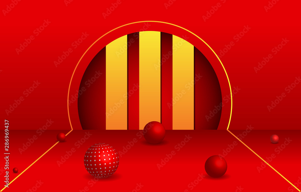 Poster abstract podium in red empty room with various round object background
