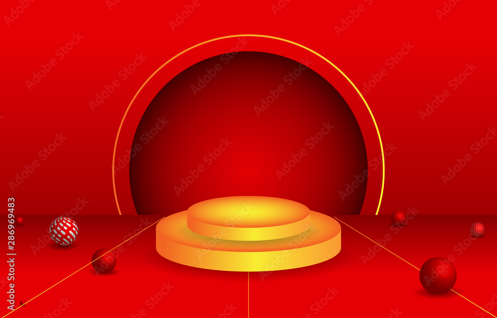 Poster Abstract Podium In Red Empty Room With Various Round Object Background