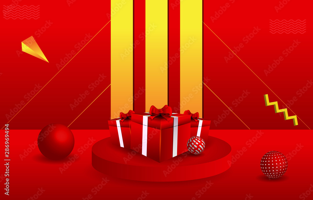 Poster abstract podium in red empty room with various round object background