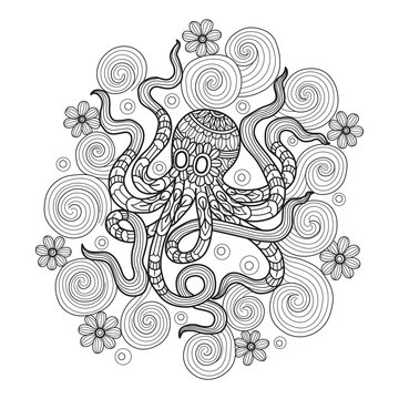 Hand drawn sketch illustration of octopus and flowers for adult coloring book.