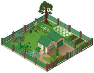 Private country house cottage and garden. American suburbia home isometric illustration