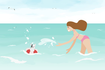Obraz na płótnie Canvas woman play water fight with french bulldog puppy in ocean on summer vacation with copy space eps10 vector illustration