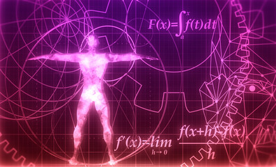 Abstract futuristic stripe line pattern with gear wheel and math fornula on blue color background. Human and earth globe model. Math science engineered drawn project plot concept