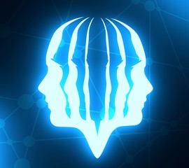 Human avatar profile view. Multi face silhouette. Neon bulb illumination. 3D rendering