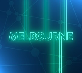 Image relative to Australia travel theme. Melbourne city name in geometry style design. Creative vintage typography poster concept. 3D rendering. Neon bulb illumination