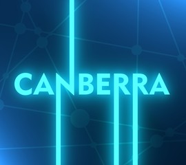 Image relative to Australia travel theme. Canberra city name in geometry style design. Creative vintage typography poster concept. 3D rendering. Neon bulb illumination