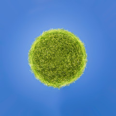 A ball of grass on a blue background.
