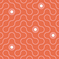 Abstract curves and spots geometric seamless pattern in orange, pink and white. Modern vector repeat design.