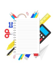 Note paper with school supplies, vector illustration
