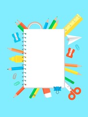 Fototapeta na wymiar Note paper with school supplies, vector illustration