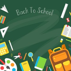 School supplies on blackboard background, vector illustration