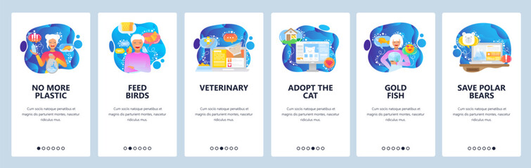 Mobile app onboarding screens. Save the planet, protect animals, no plastic bags. Menu vector banner template for website and mobile development. Web site design flat illustration