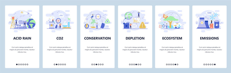Obraz na płótnie Canvas Mobile app onboarding screens. Earth pollution, co2 gas emission, save the planet, nature conservation. Vector banner template for website and mobile development. Web site design flat illustration