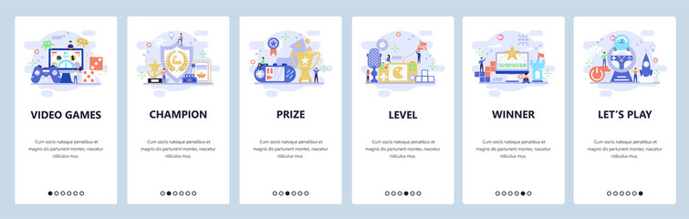 Mobile app onboarding screens. Video games, cyber sport, game level. Menu vector banner template for website and mobile development. Web site design flat illustration