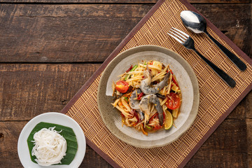 Som Tam Thai -Ingredients Papaya Salad Thai Food Style on wooden table background. Thai Food Concept. Top View