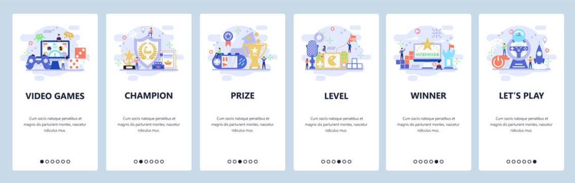 Mobile app onboarding screens. Video games, cyber sport, game level. Menu vector banner template for website and mobile development. Web site design flat illustration