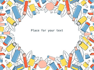 Background with different types of hand-drawn cosmetics with place for text. Vector illustration