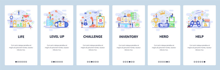 Mobile app onboarding screens. Cybersport, computer games, VR console, video game controller. Menu vector banner template for website and mobile development. Web site design flat illustration