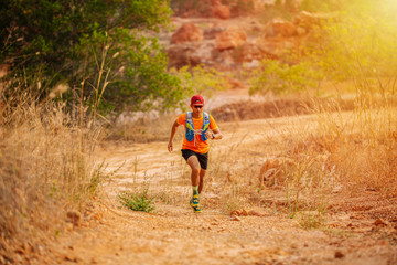 Obraz premium A man Runner of Trail and athlete's feet wearing sports shoes for trail running in the forest