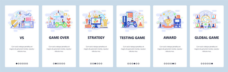 Mobile app onboarding screens. Online computer games, strategy, game over, winner, console controller. Menu vector banner template for website and mobile development. Web site design flat illustration
