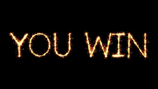 You Win Text Sparkler Writing With Glitter Sparks Particles Firework on Black 4K Loop Background. Greeting card, Invitation, Celebration, Party, Gift, Message, Wishes, Festival.