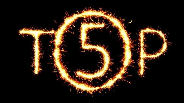TOP 5 Text Sparkler Writing With Glitter Sparks Particles Firework on Black 4K Loop Background. Greeting card, Invitation, Celebration, Party, Gift, Message, Wishes, Festival.