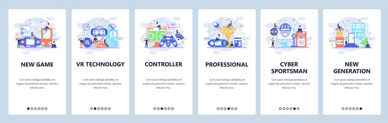 Mobile app onboarding screens. Cyber sportsman, team player, computer games, VR technology. Menu vector banner template for website and mobile development. Web site design flat illustration