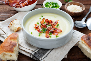 Potato cream soup with bacon, green onion and cheese.