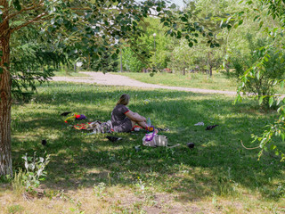 Woman is sitting in a green meadow in a park. Pigeons. The trees. Sunny.