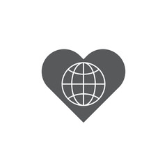 Globe with heart vector icon symbol isolated on white background