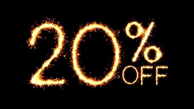 20% Off Text Sparkler Writing With Glitter Sparks Particles Firework on Black 4K Loop Background. Sale, discount Off, Offer, business promotion , advertisement .