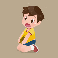 Little boy with a yellow shirt stained with mud. Concept with vector design