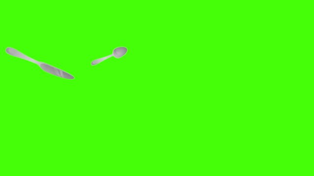 3d realistic cutlery falling on green screen. Rain of silverware in chroma key. Metal knife, fork and spoon set animation. Kitchen utensils concept.