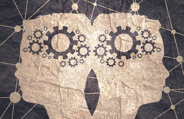 Silhouette of a men head. Teamwork relative brochure, report or leaflet design template. Scientific medical designs. Human communication. Gears group as a symbol of a brains