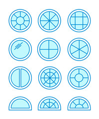 Round & circle window. Casement & awning window frames. Flat line icon set. Vector illustration. Isolated objects