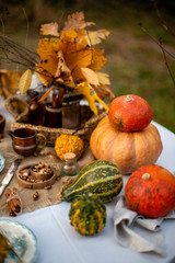 Naklejka na ściany i meble beautiful outdoor still life in country garden with assorted pumpkins on round table