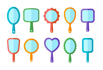 Hand mirrors with light reflection. Blank handheld makeup mirrors. Flat icon set. Female beauty accessories © Milta