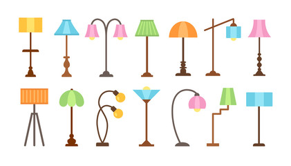 Modern floor lamps with led light bulbs. Standing lampshades. Accent light fixtures for home. Vector flat icon set. Isolated objects