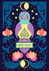 greeting card with an owl on a branch, flat pattern