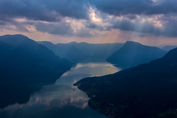 Plakat View of Lustrafjord from Borestein with dramatic clouds