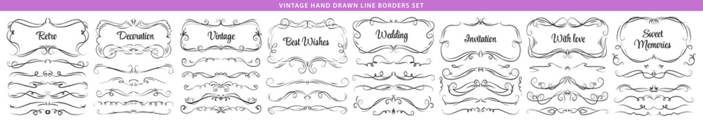 Hand drawn vector ornate swirl doodle vintage calligraphic design elements. Borders, frames, dividers set for wedding greeting and invitation card.