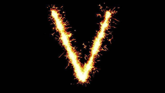 Alphabet V Text Sparkler Writing With Glitter Sparks Particles Firework on Black 4K Loop Background. letter , alphabet , typography , Typeface , Font , character .