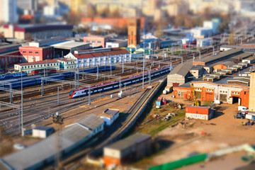 Panoramic view of the railway junction of the city with the effect of tilt-shift in Moscow